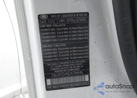 2013 Land Rover Range Rover Sport Hse z USA, uszkodzony, nr VIN SALSF2D49DA788446